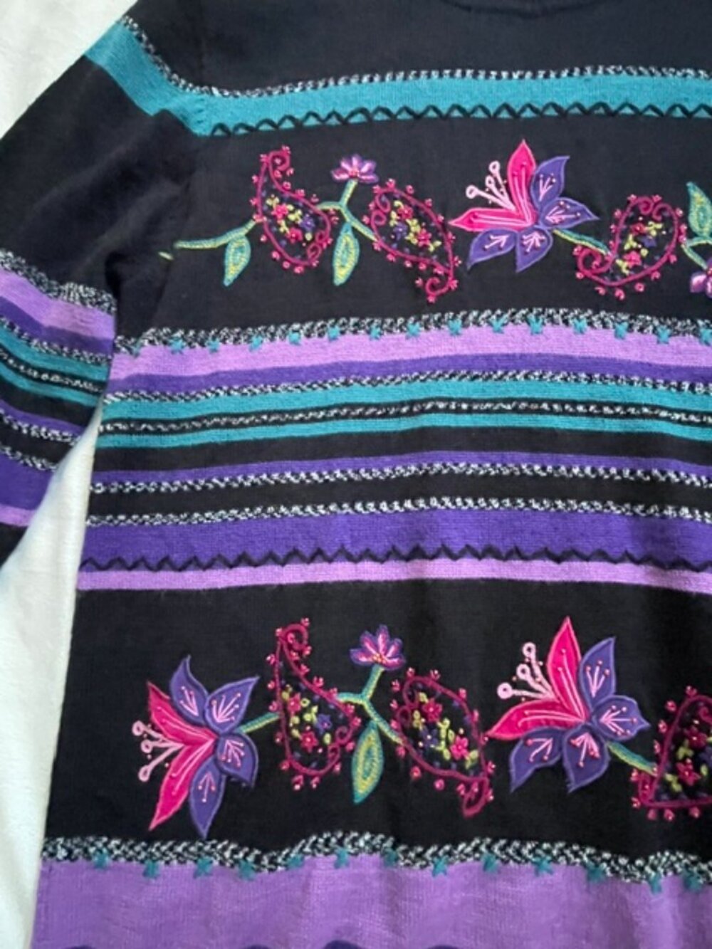 Alfred Dunner Womens Vintage Floral Embroidered Knit Sweater, Purple, Size L - Picture 3 of 12